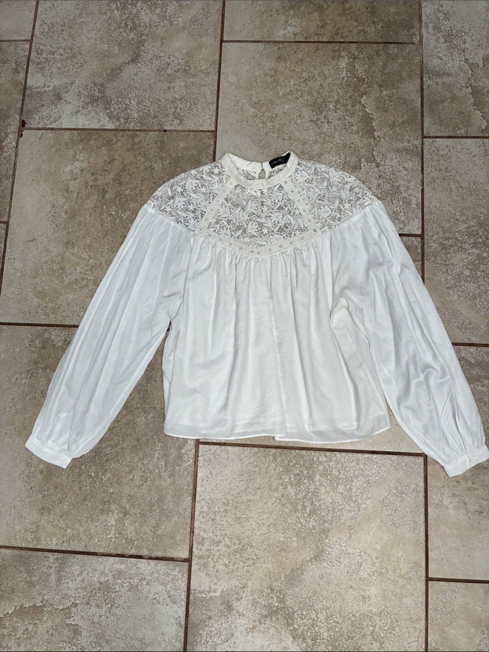 Women's Ivory Lace Yoke Blouse with Long Sleeves